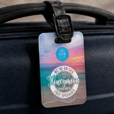 Honeymoon, Please Give Us Free Upgrades Sunset Luggage Tag Gift (1)