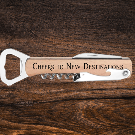 Cheers to New Destinations Engraved Wooden Wine Bottle Opener